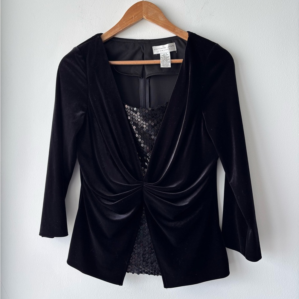 Vintage Jackie Jon Blouse Black Velvet Sequin 3/4 Sleeve Twofer Womens 4 Formal - Picture 3 of 9